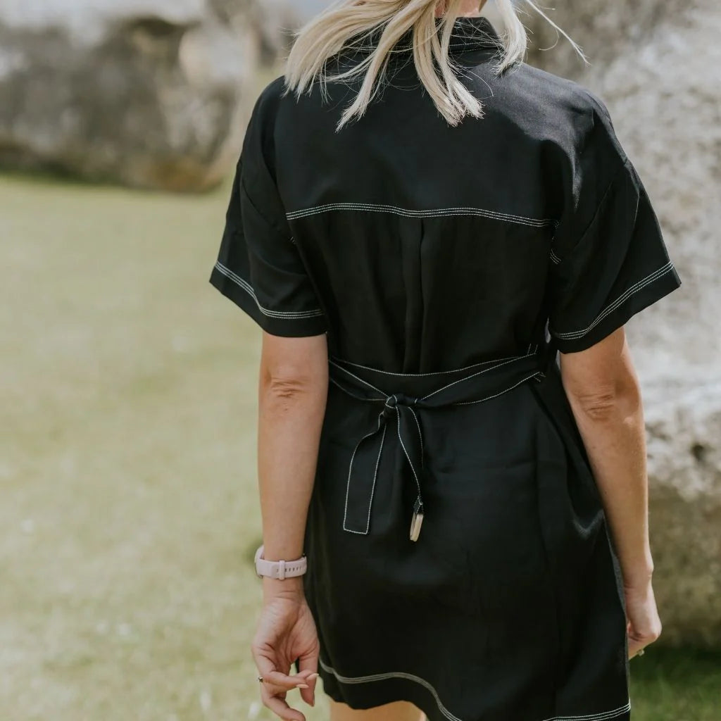 black shirt dress nz Black Linen Midi Shirt Dress: Organic Linen Belted Tunic