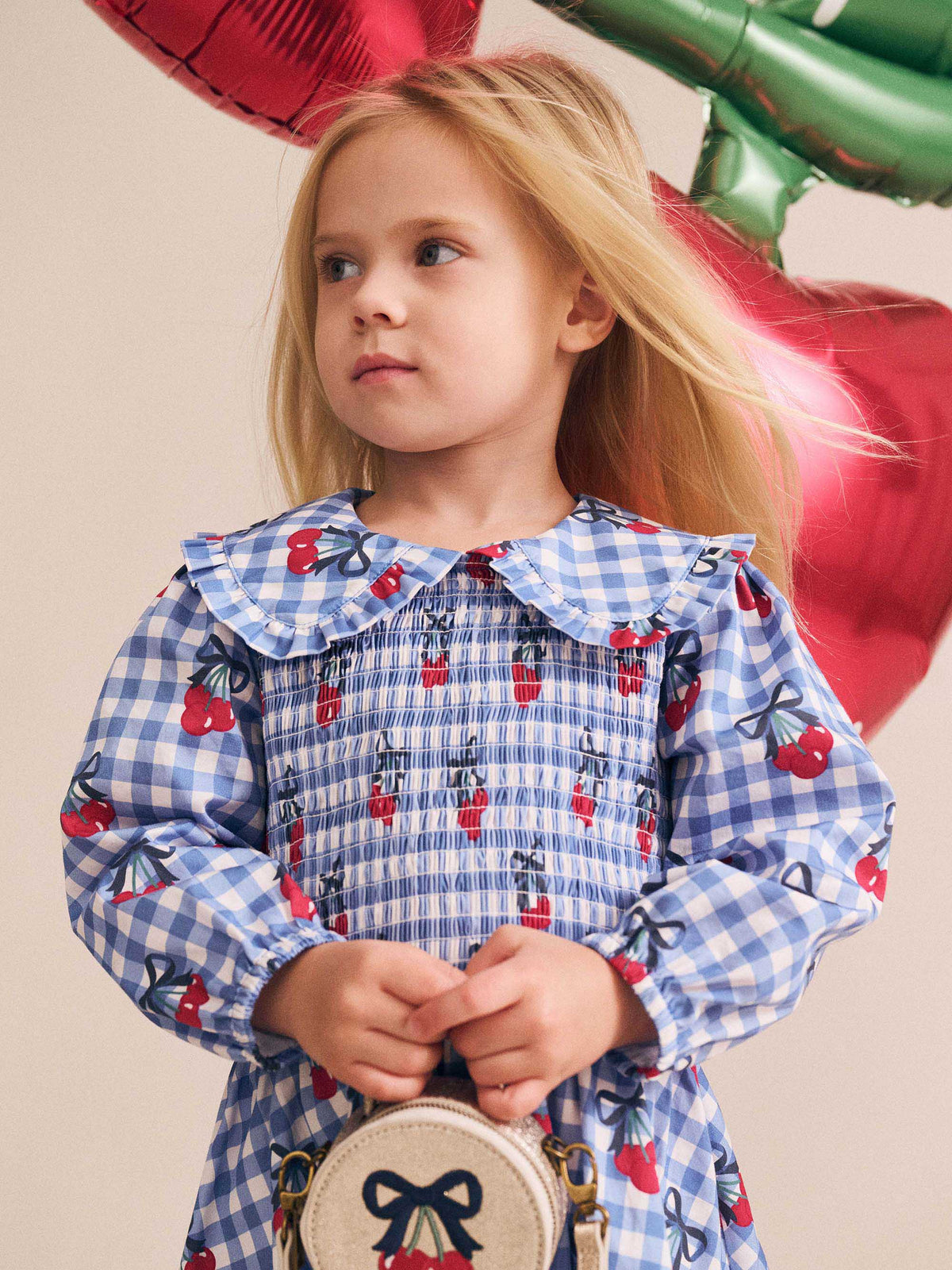 Cherry Gingham Shirred Dress