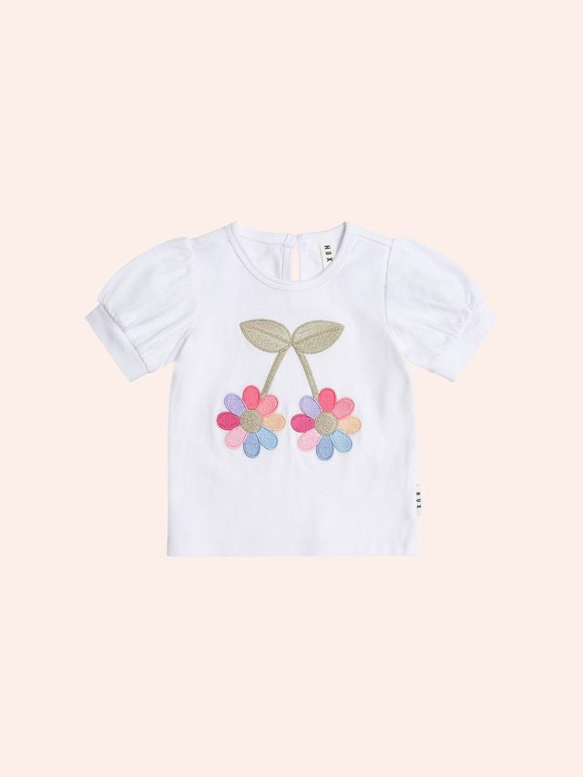 Flower Power Puff Sleeve Tee || White