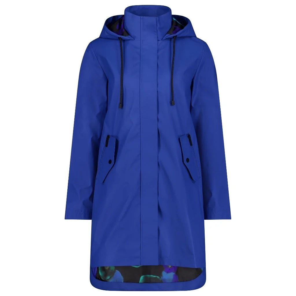 Billie Womens PU Coated Rain Coat ||  Imperial Blue with Night Bloom