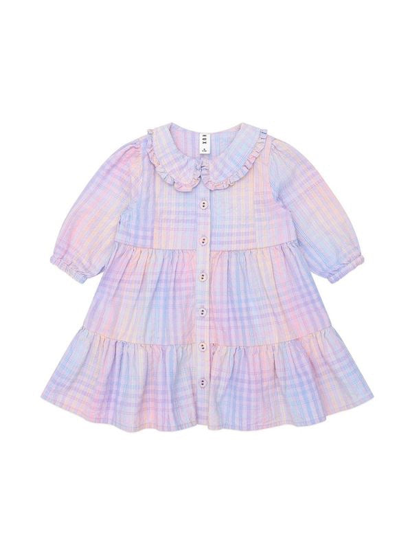 Rainbow Check Long Sleeve Frill Dress || Multi