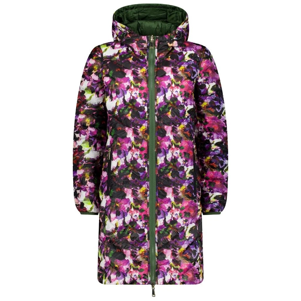 Arnie Womens Reversible Down Jacket || Cypress/Purple Fleur