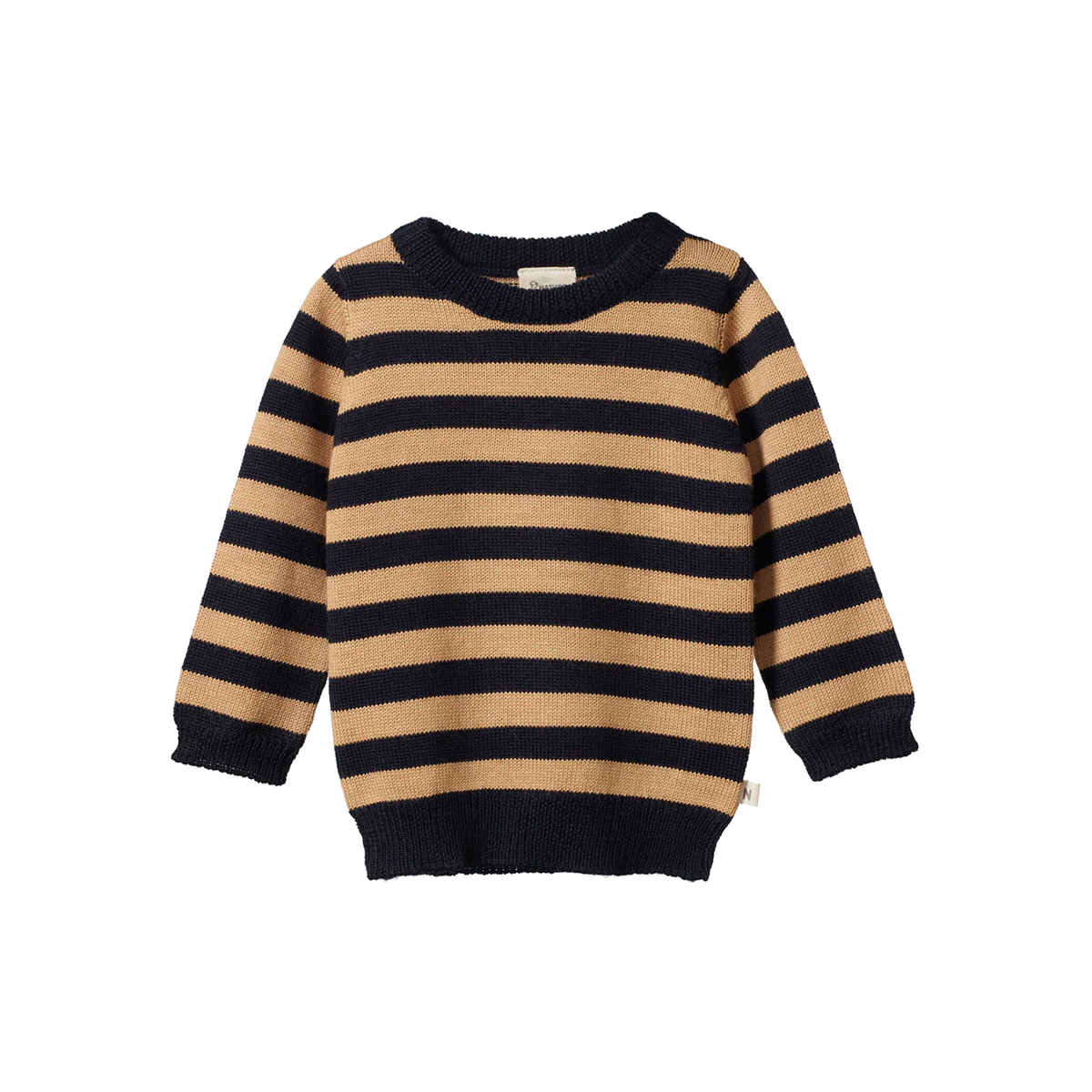 Merino Knit Pullover || Navy/Caramel Stripe