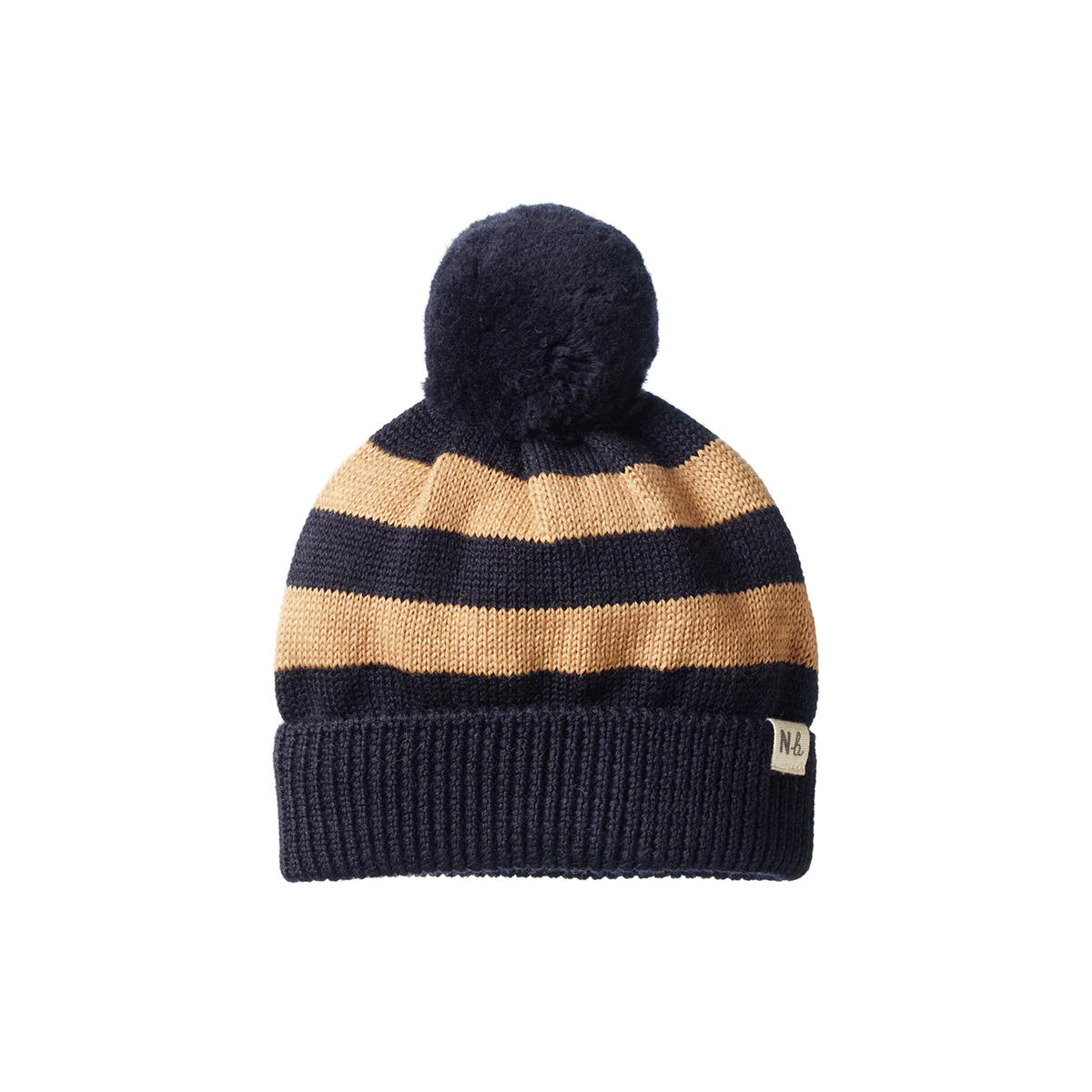 Alpine Pom Pom Beanie || Navy/Caramel Stripe