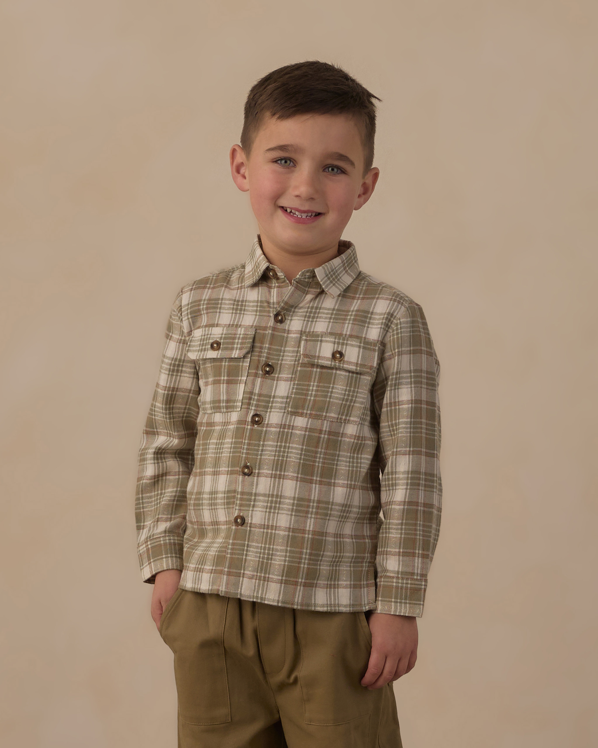 Pocketed Corduroy Shirt || Olive Dobby Plaid