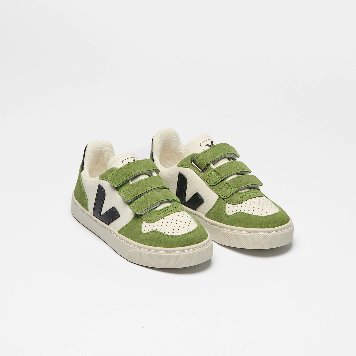 Small V-10 Leather Kids Sneaker || Pure Black/Kiwi