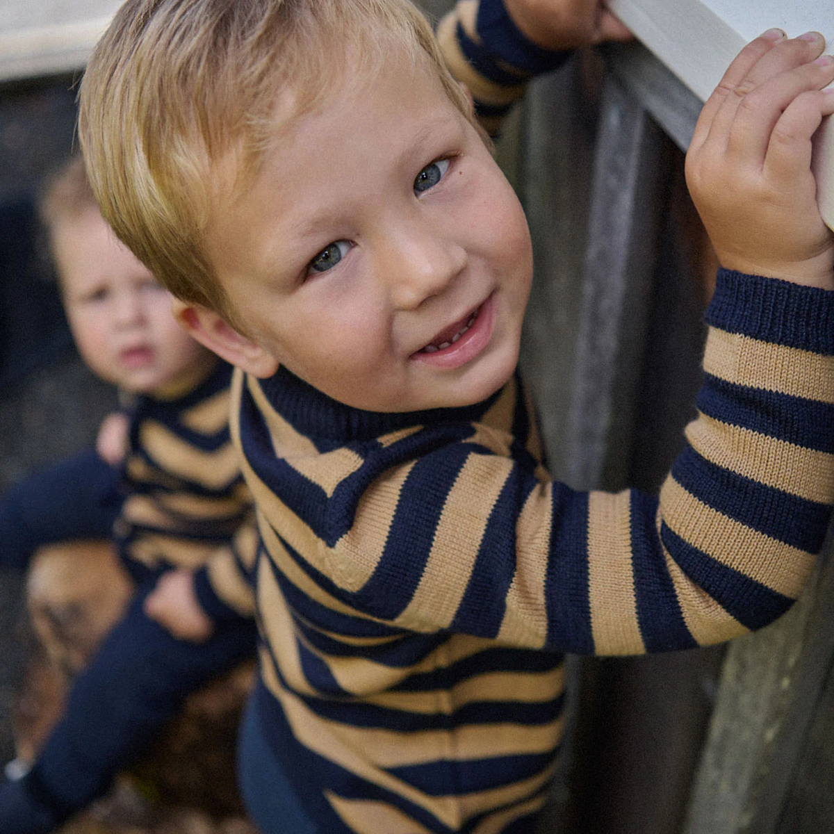 Merino Knit Pullover || Navy/Caramel Stripe