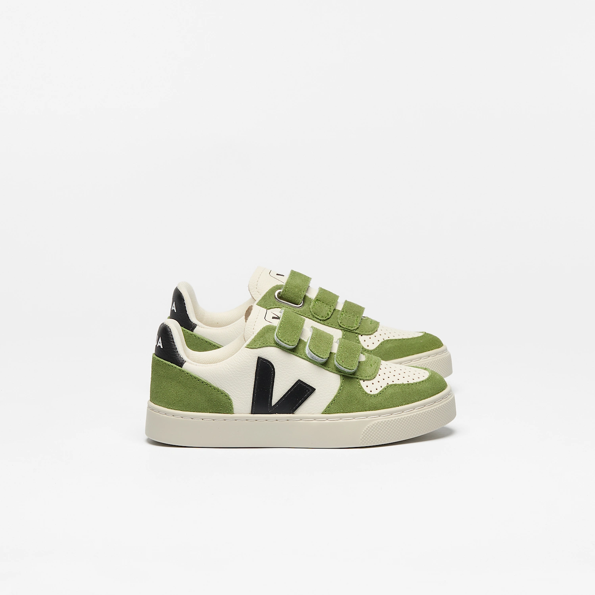 Small V-10 Leather Kids Sneaker || Pure Black/Kiwi