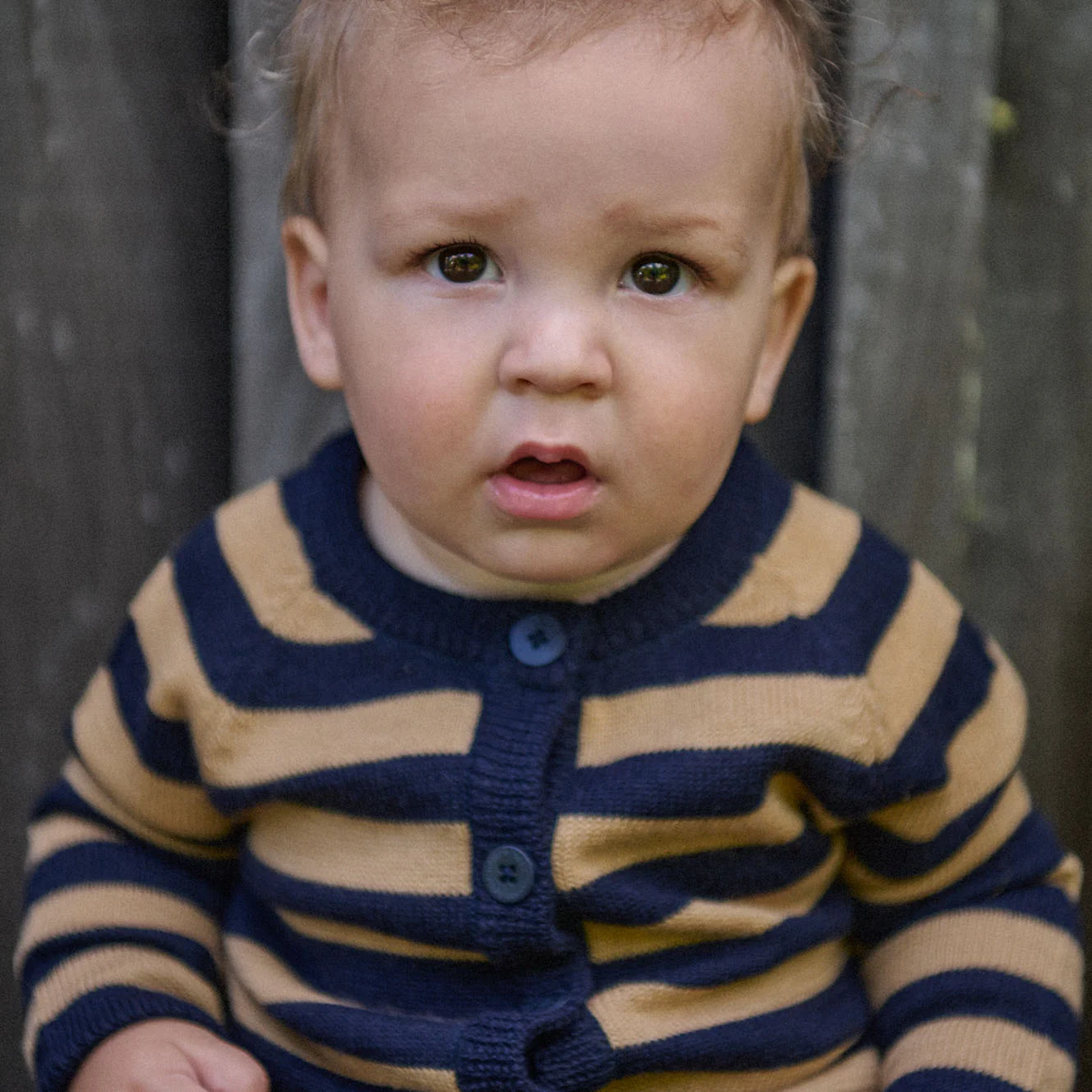 Merino Knit Cardigan || Navy/Caramel Stripe