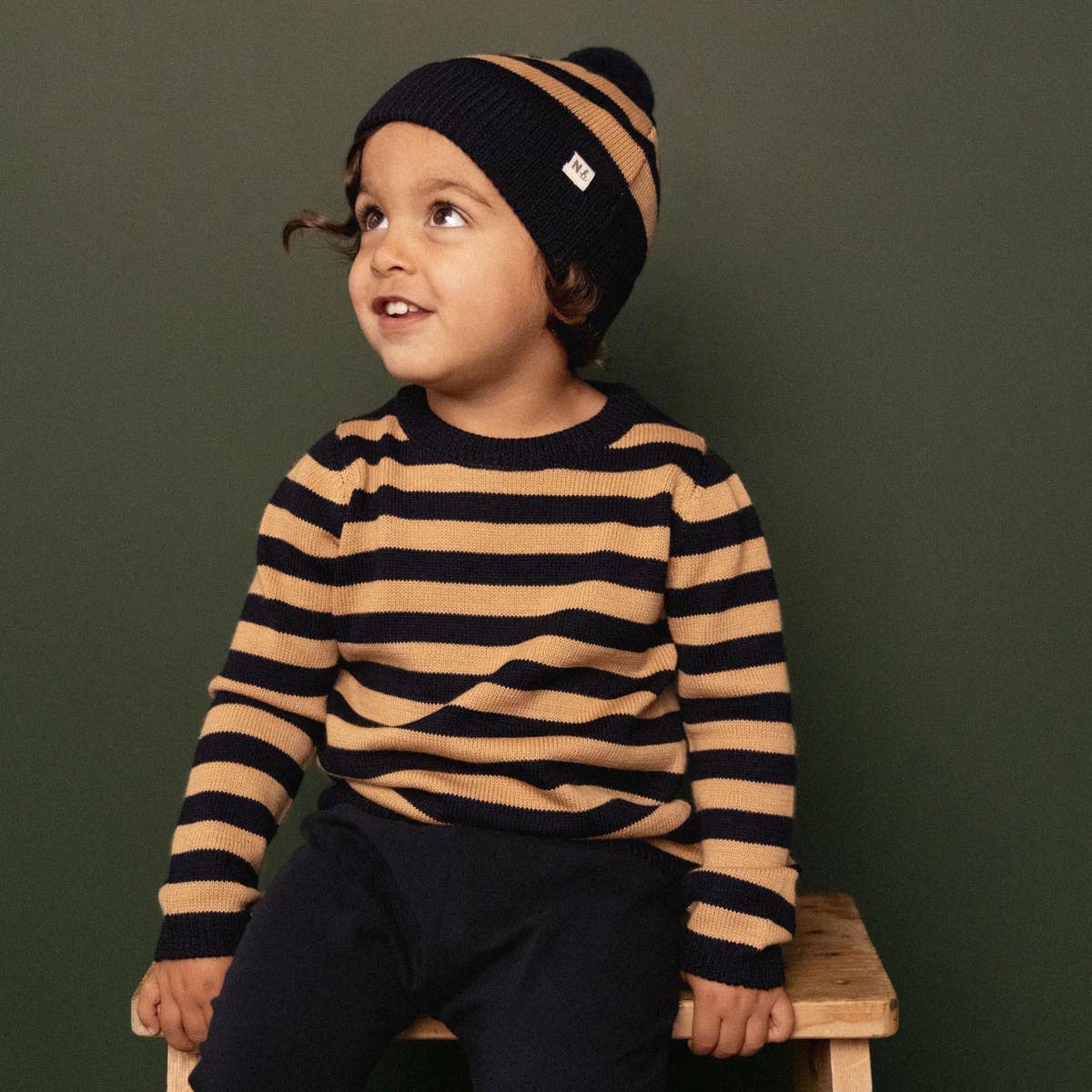 Alpine Pom Pom Beanie || Navy/Caramel Stripe