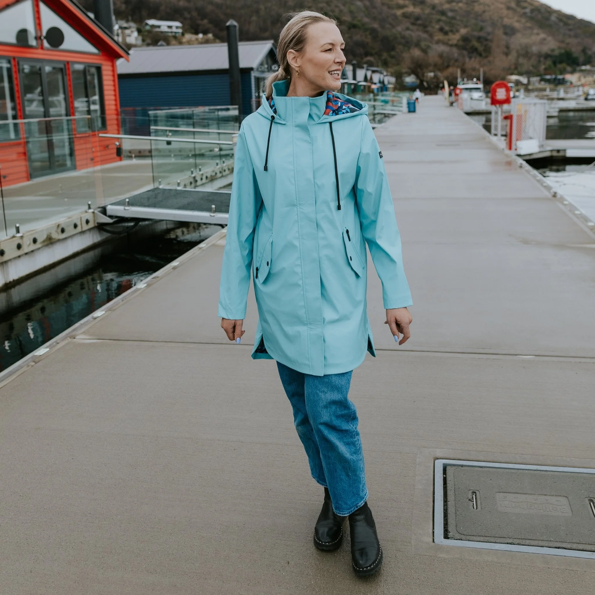 Billie - Women's PU Coated Raincoat || Aqua With Evie Aqua Trails