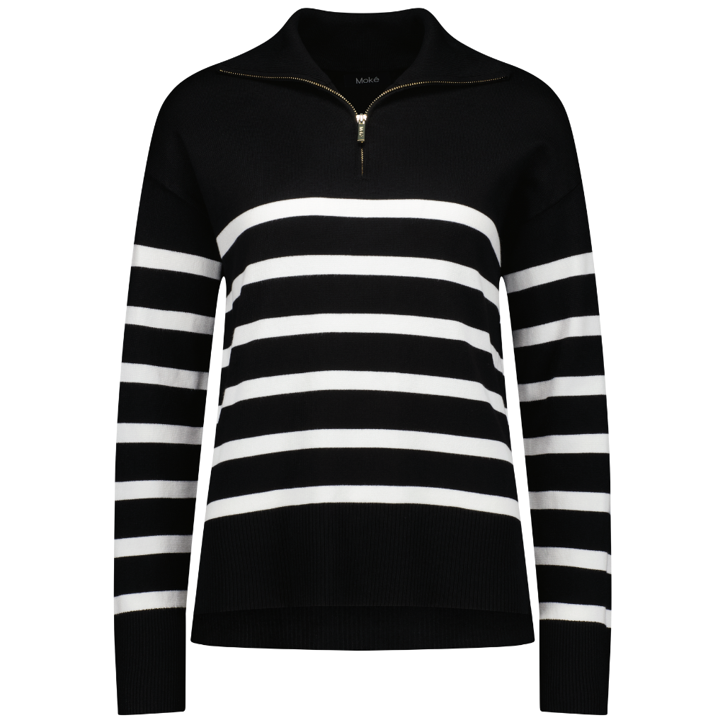 Mick Women&#39;s 1/4 Zip Up Sweater || Black/Ecru Stripe