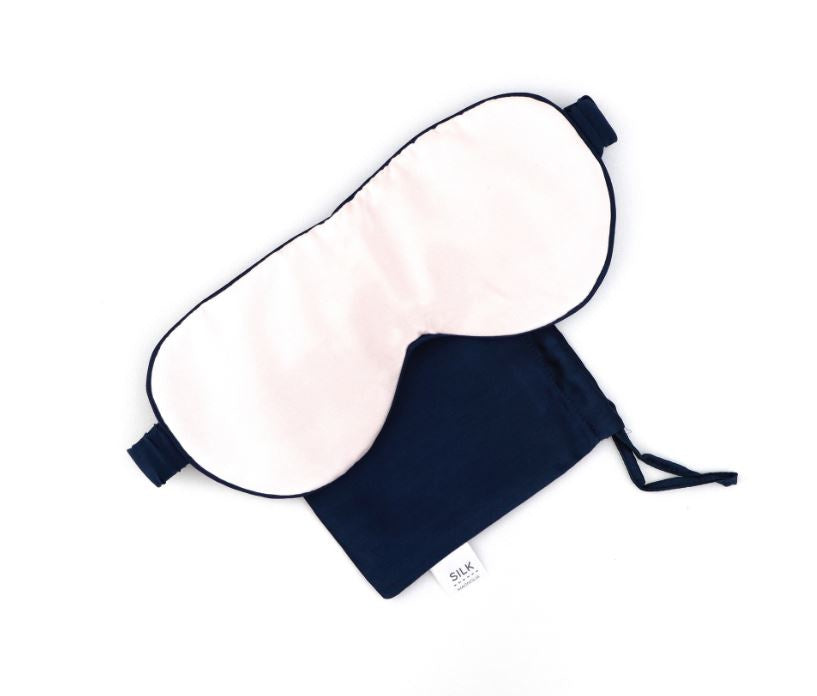 PURE SILK TRAVEL EYE MASK - PEONY PINK PIPED IN FRENCH NAVY - William Bee