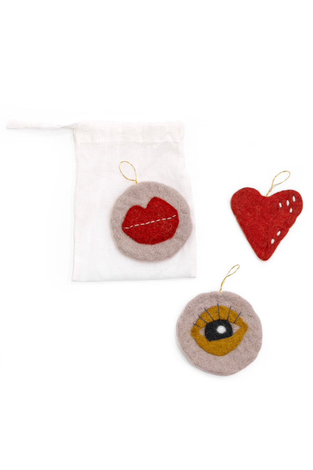 Christmas Decorations-set of 3. Heart-Lips Eye.